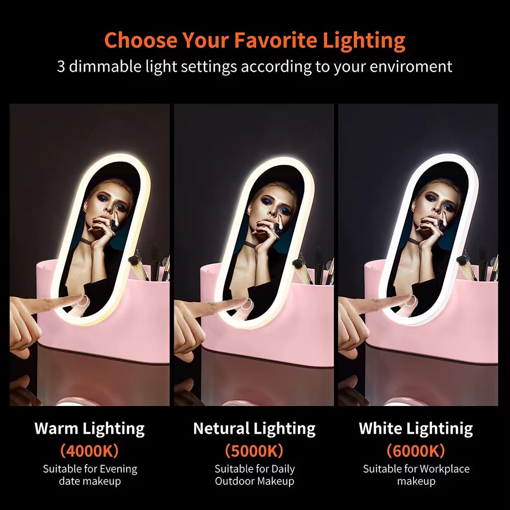 Makeup Storage Box with 3 Colors Dimmable LED Light Mirror Travel Makeup Cosmetics Storage Box Touch Light Storage Organizer