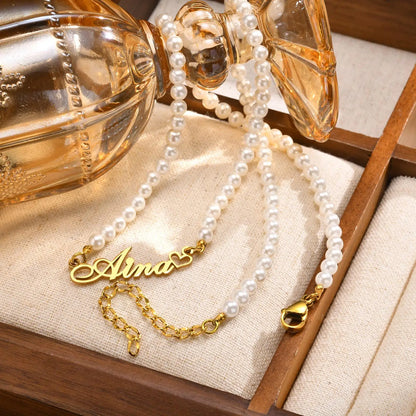 Customized Name Heart Necklace For Women Girls, Pearl Chain Wiith Nameplated Personalized Wedding Jewelry