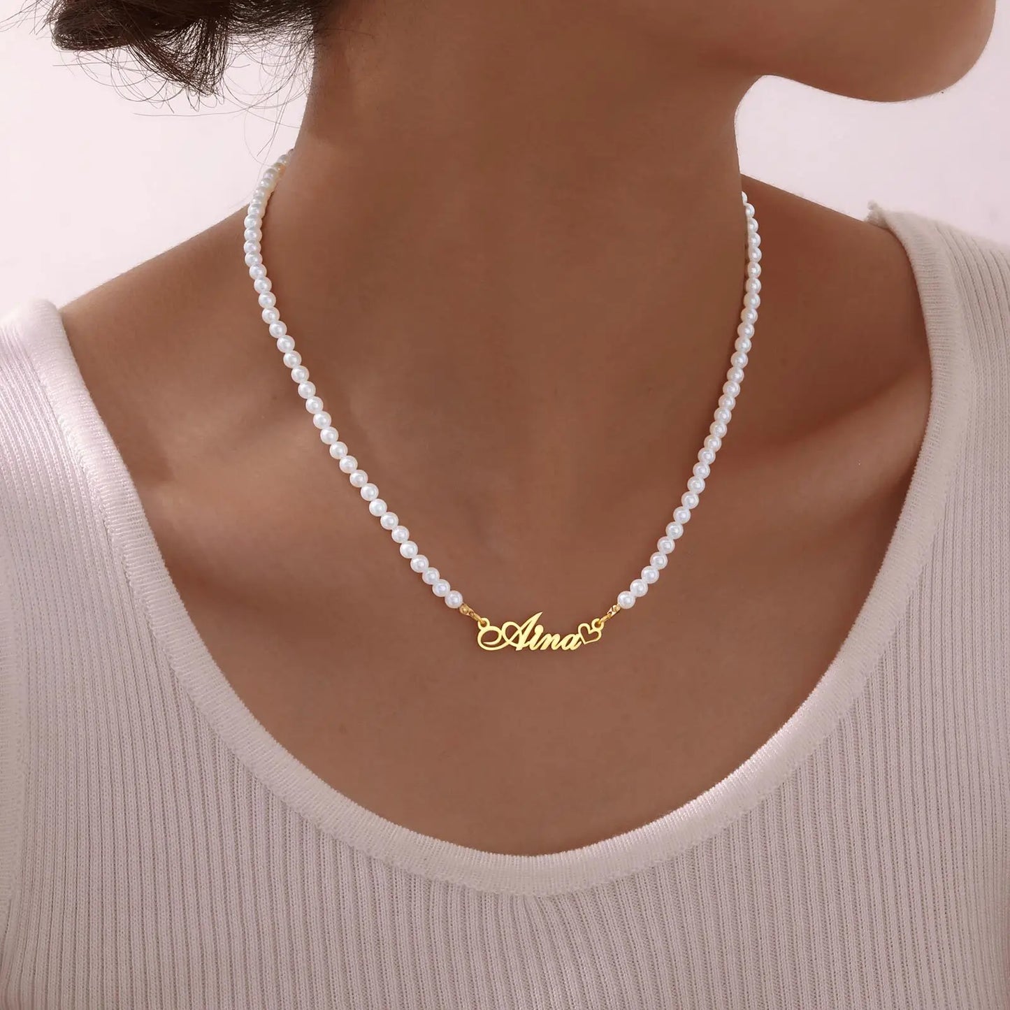 Customized Name Heart Necklace For Women Girls, Pearl Chain Wiith Nameplated Personalized Wedding Jewelry