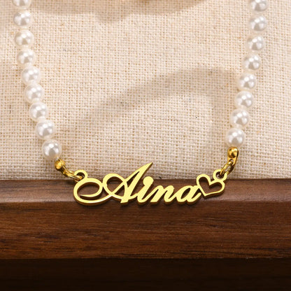 Customized Name Heart Necklace For Women Girls, Pearl Chain Wiith Nameplated Personalized Wedding Jewelry