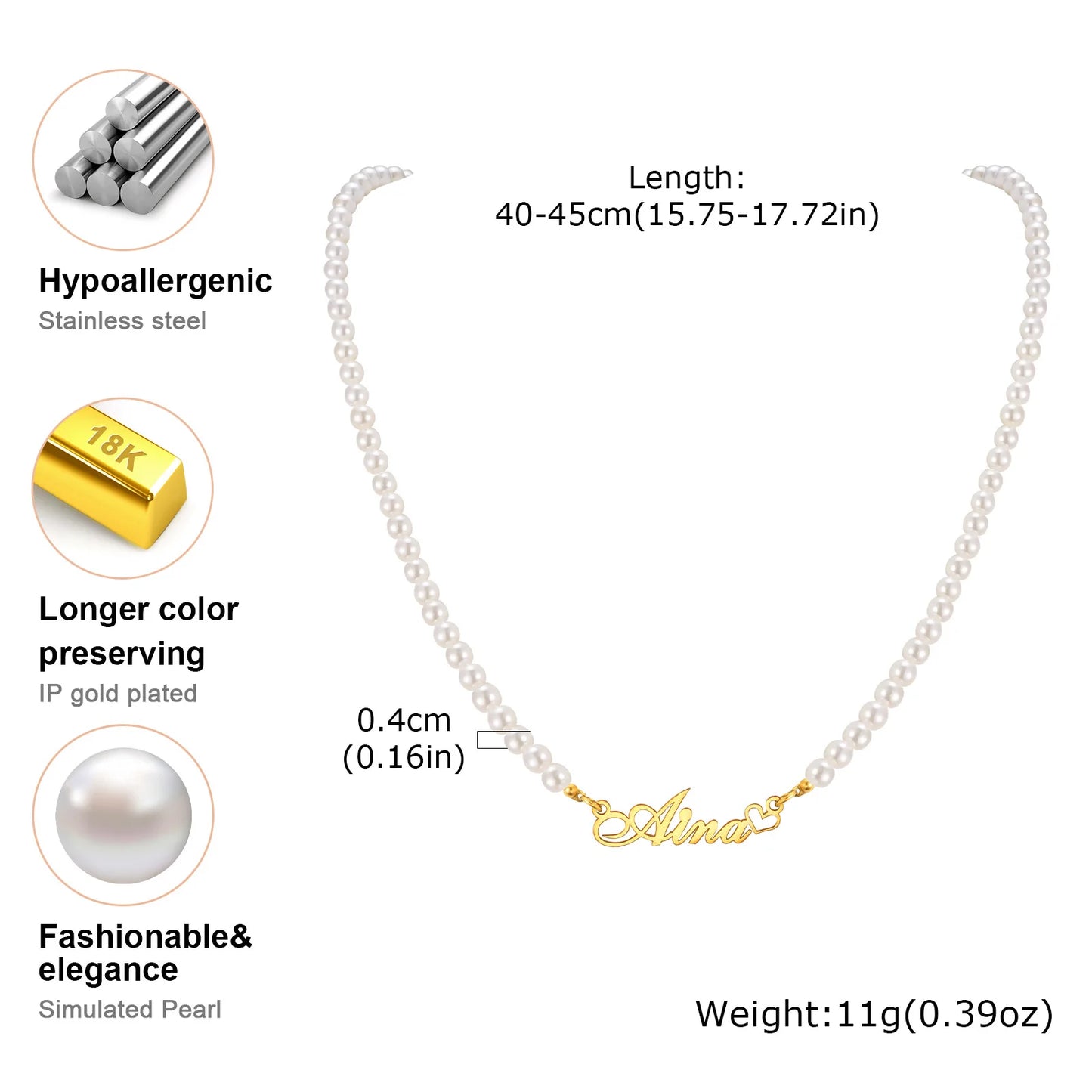 Customized Name Heart Necklace For Women Girls, Pearl Chain Wiith Nameplated Personalized Wedding Jewelry