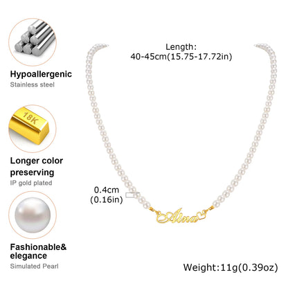 Customized Name Heart Necklace For Women Girls, Pearl Chain Wiith Nameplated Personalized Wedding Jewelry