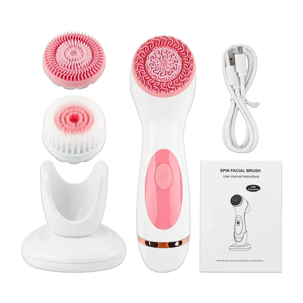 3 In 1 Electric Cleansing Brush Ultrasonic Facial Cleaner Face Massagers Sonic Rotating Cleansing Brush Face Deep Cleansing Tool