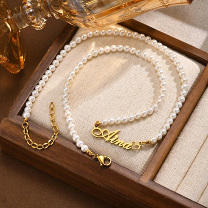 Customized Name Heart Necklace For Women Girls, Pearl Chain Wiith Nameplated Personalized Wedding Jewelry