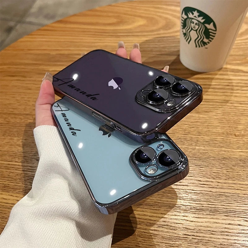 Personalised Customized Name Case For iPhone 17 16 15 14 13 12 11 Pro Max 17 Air Luxury Plating Transparent Clear Cover