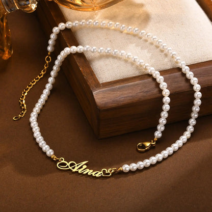 Customized Name Heart Necklace For Women Girls, Pearl Chain Wiith Nameplated Personalized Wedding Jewelry