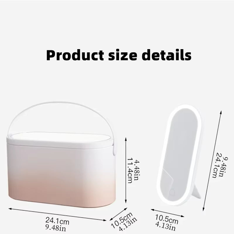 Makeup Storage Box with 3 Colors Dimmable LED Light Mirror Travel Makeup Cosmetics Storage Box Touch Light Storage Organizer