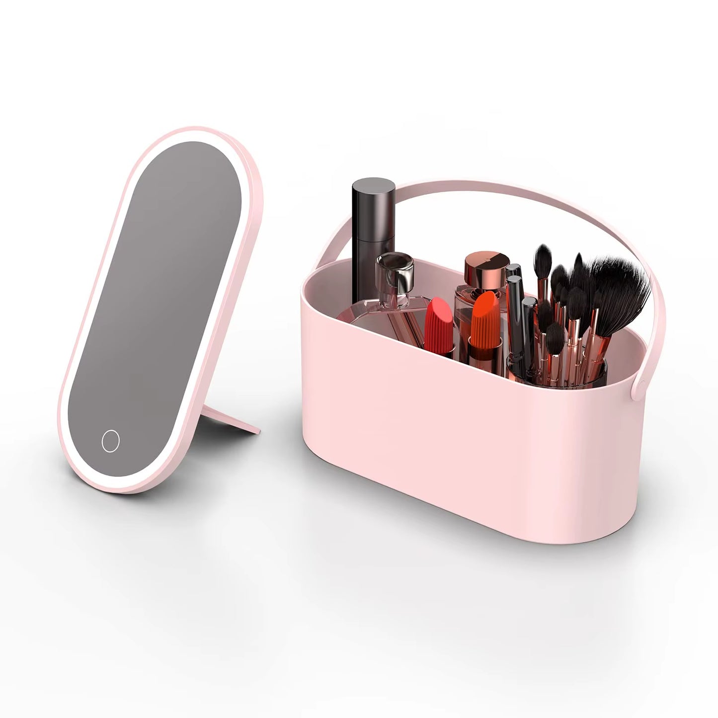 Makeup Storage Box with 3 Colors Dimmable LED Light Mirror Travel Makeup Cosmetics Storage Box Touch Light Storage Organizer